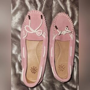 8 Dije California Pink Suede Moccasins, White Rope Lace, Padded Soles